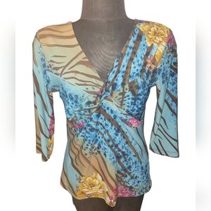 Laura Max 3/4 Sleeve Tiger Floral Print Blouse Top sz M